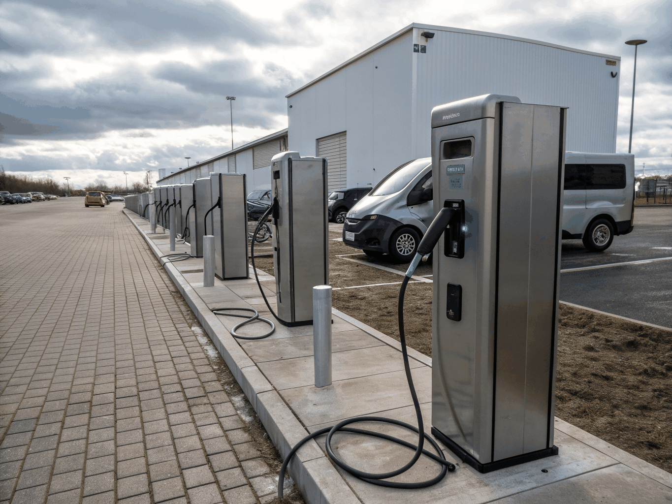 Fleet of electric delivery vans being charged on-site