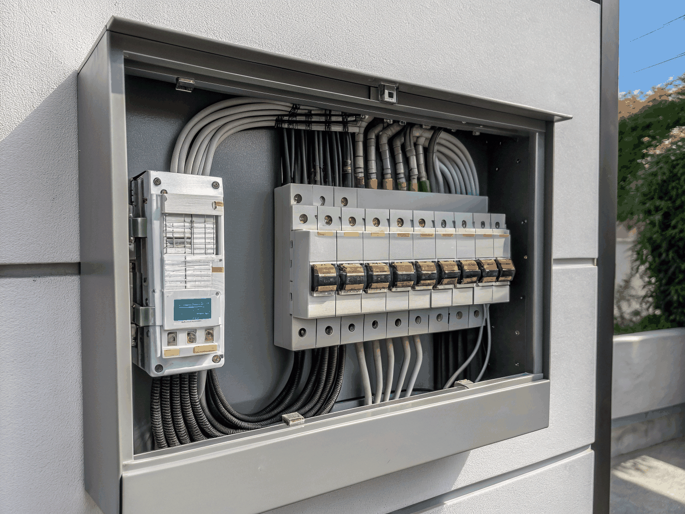 Close up of a modern electrical panel with precise wiring