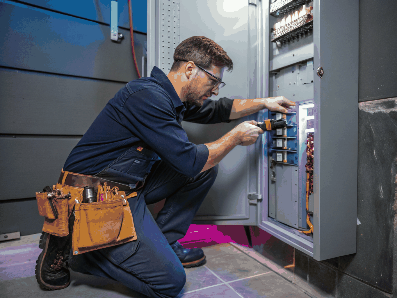 Professional electrician working on a residential electrical panel