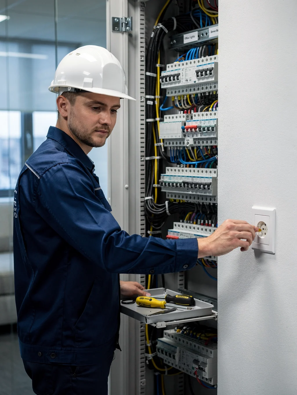 Electrician installing a modern circuit breaker panel in a home